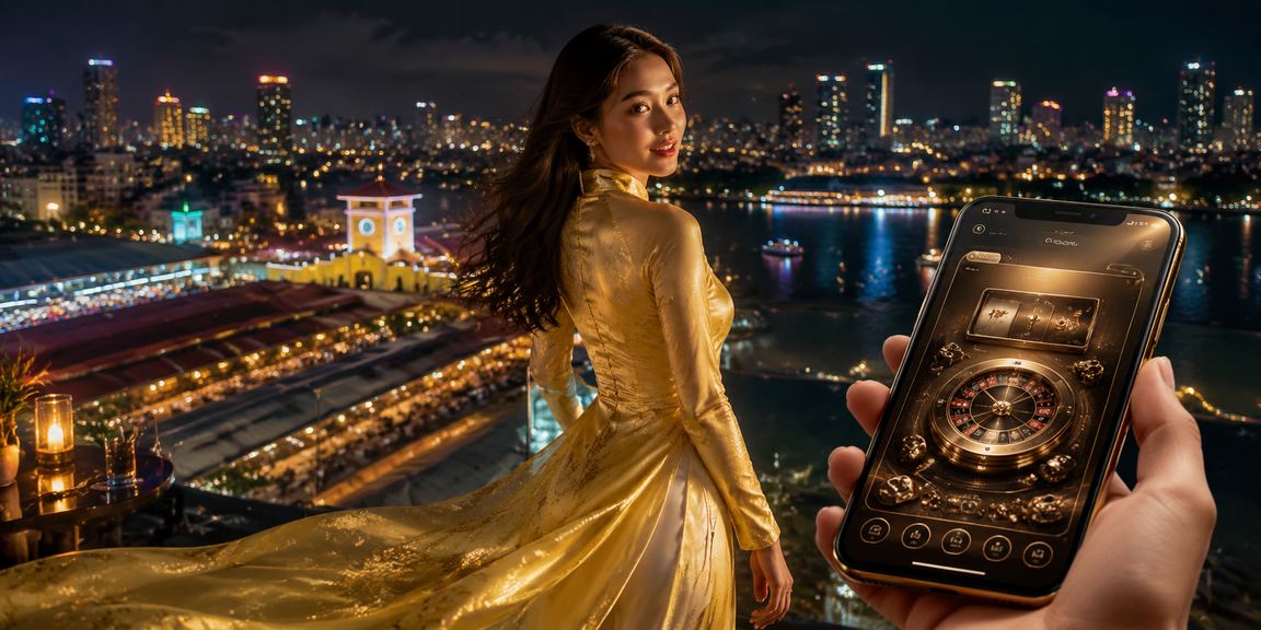 Người dùng tại TP. Hồ Chí Minh chơi casino mobile trên điện thoại với trang phục áo dài